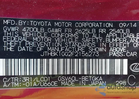 2015 Lexus Es 350 from USA, damaged, VIN JTHBK1GG2F2156273